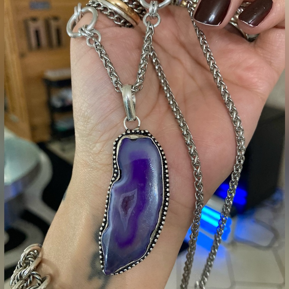 925 sterling silver overlay Purple agate slice gemstone charm boho necklace . - Picture 7 of 16